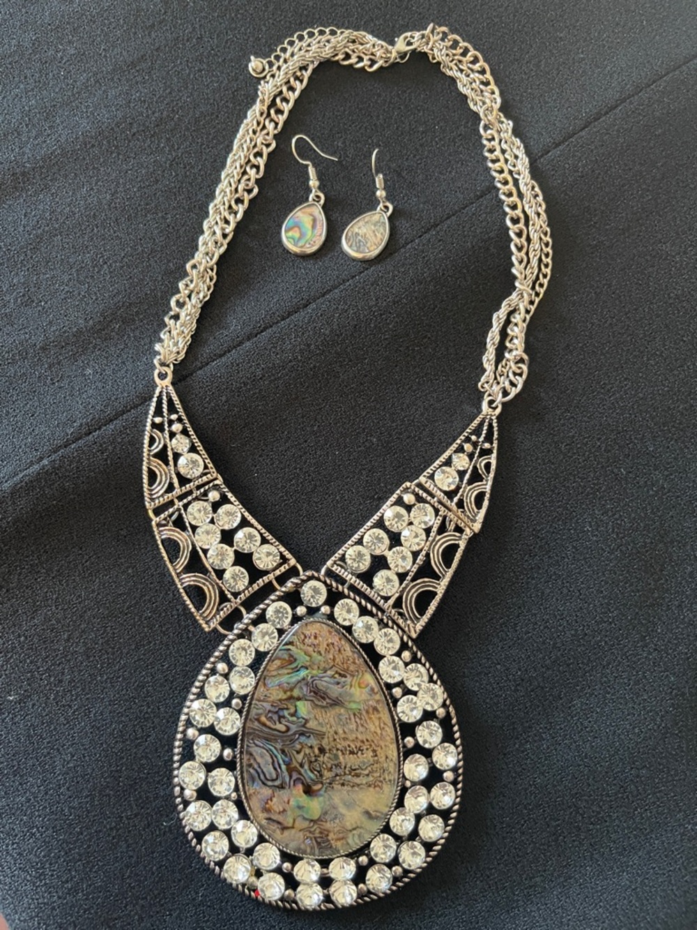 Silver-Tone Abalone and Crystal Teardrop Statement Necklace Set